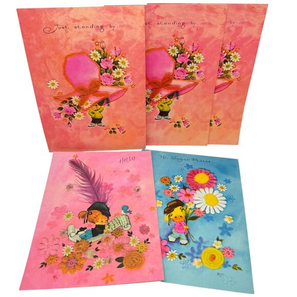 5 Vtg Unused Davey Illustrated Greeting Cards Floral Characters Birthday 5"x7" - Picture 1 of 11